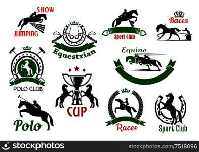 Equestrian or horse racing sport icons. Banners and badges of horse and rider silhouettes jumping over fence or barrier, whips under crown and rearing horses with trophy cup, polo sport club and horseshoe. Equestrian or horse racing sport icons