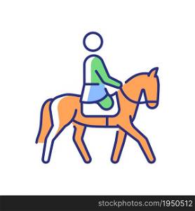 Equestrian RGB color icon. Horseback riding demonstrative event. Horse racing competition. Athletes with physical disability. Isolated vector illustration. Simple filled line drawing. Equestrian RGB color icon
