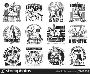 Equestrian sport and horse riding icons. Horse racing, polo sport team and show jumping competition, jockey school vector emblems with jockey and polo player, hippodrome racetrack and winner prize cup. Horse race, equestrian club and jockey school icon