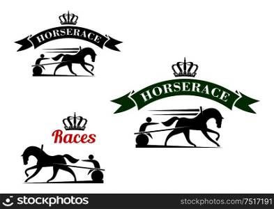 Equestrian sport competition icons for harness racing design template with running horses in horse harness with lightweight two wheeled carts, supplemented crowned ribbon banners above. Equestrian sport icons for harness racing design