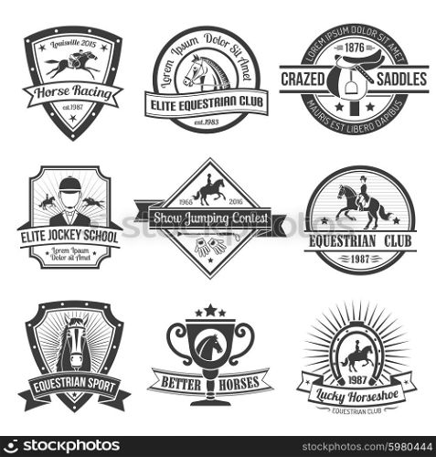 Equestrian Sport Emblems Set . Equestrian sport black emblems set on white background isolated vector illustration.