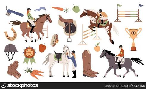 Equestrian sport. Girls and boys are professional jockeys riding horses, racing stallions, equestrian sports accessories, boots and saddle, animal care equipment, tidy vector cartoon flat style set. Equestrian sport. Girls and boys are professional jockeys riding horses, racing stallions, equestrian sports accessories, boots and saddle, animal care equipment tidy vector cartoon flat set