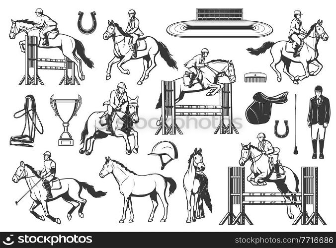 Equestrian sport, horse racing and show jumping. Jockey riding stallion, jumping obstacles and racing on hippodrome, polo player, saddle and whip, harness, horseshoe and trophy, helmet, comb vector. Equestrian sport, horse racing and jumping vectors