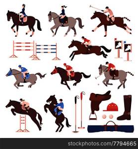 Equestrian sport set of flat icons with riders and polo players, horses, gear, hurdles isolated vector illustration. Equestrian Sport Icons Set
