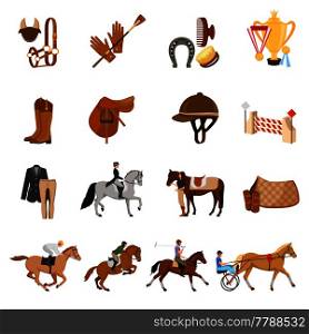 Equestrian sport set of flat icons with trotters, horse gear, care objects, riders, trophies isolated vector illustration . Equestrian Sport Flat Icons Set