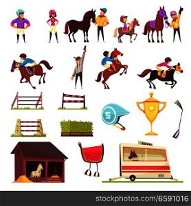 Equestrian sport set of isolated icons with flat images of horse race barriers awards and people vector illustration. Horse Racing Icons Collection