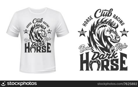 Equestrian sport t-shirt print with steed stallion, horse racing vector mascot. Stallion monochrome animal and grunge lettering with horseshoe on white apparel. Horseback riding sport. Equestrian t-shirt print with steed stallion