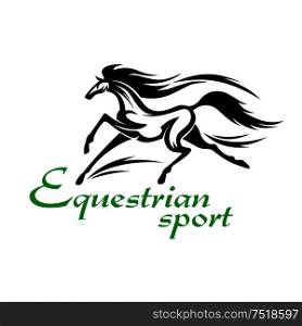 Equestrian sporting competition design element with black silhouette of racehorse at an impassioned gallop kicking up clouds of sand and dust behind hooves. Running racehorse icon for equestrian sport design