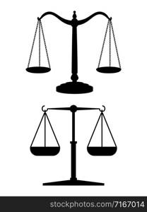 Equilibrium scales. Standing balance judicial scales black silhouette isolated on white background, vector illustration. Equilibrium black scales