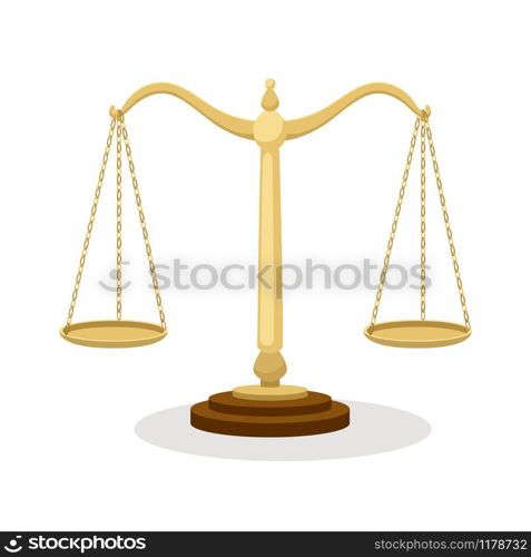 Equilibrium scales. Standing balance judicial scales isolated on white background, court concept cartoon vector illustration. Equilibrium scales. Standing balance judicial scales isolated on white, court concept cartoon vector