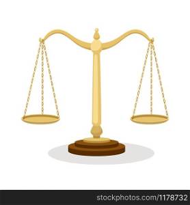 Equilibrium scales. Standing balance judicial scales isolated on white background, court concept cartoon vector illustration. Equilibrium scales. Standing balance judicial scales isolated on white, court concept cartoon vector