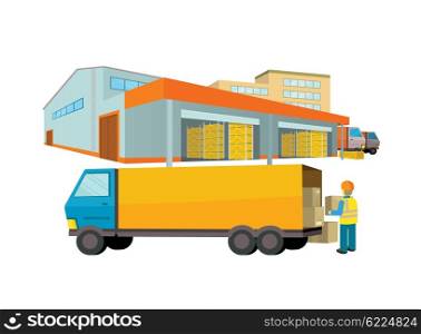 Equipment delivery process of the warehouse. Warehouse interior, logisti and factory, building warehouse exterior, business delivery, storage cargo vector illustration. Loader unloads the van