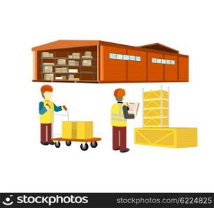 Equipment delivery process of the warehouse. Warehouse interior, logisti and factory building exterior, business delivery, storage cargo vector illustration. Workers in the warehouse with a cart