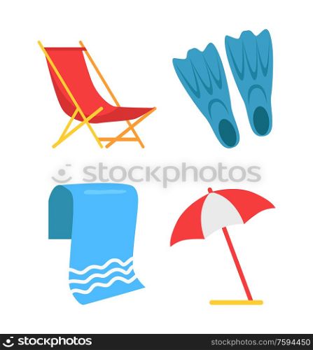 Equipment for beach and swimming vector icon. Open umbrella and folding seat, towel and flippers, isolated simple emblem, cartoon protection tools. Equipment for Beach and Swimming Vector Icon.