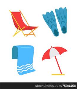 Equipment for beach and swimming vector icon. Open umbrella and folding seat, towel and flippers, isolated simple emblem, cartoon protection tools. Equipment for Beach and Swimming Vector Icon.