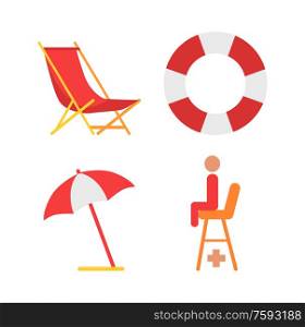 Equipment for beach vector icon in cartoon style. Sunbed and open umbrella, lifebuoy and lifesaver seat, isolated simple emblem, protection tools. Equipment for Beach Vector Icon in Cartoon Style