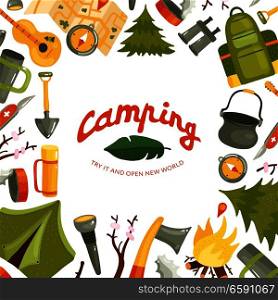 Equipment for c&ing in forest with tent axe torch compass map knife guitar on white background flat vector illustration. C&ing Flat Illustration