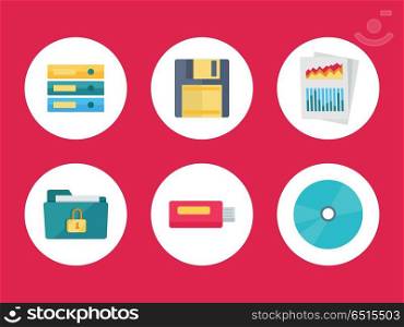 Equipment for Data Storage. Data Recovery. Flat icons for web and mobile applications. Folders floppy disk document with charts secured folder USB flash drive CD or DVD disk. Equipment for data storage. Data recovery. Vector in flat style