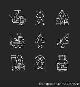 Equipment for fishing chalk white icons set on black background. Boat fishing. Spinning casting. Fishing rod and reel. Fish on hook. Fishing spot. Isolated vector chalkboard illustrations. Equipment for fishing chalk white icons set on black background