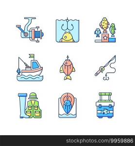 Equipment for fishing RGB color icons set. Boat fishing. Spinning casting. Fishing rod and reel. Hobby and leisure acticity. Fish on hook. Fishing spot. Isolated vector illustrations. Equipment for fishing RGB color icons set