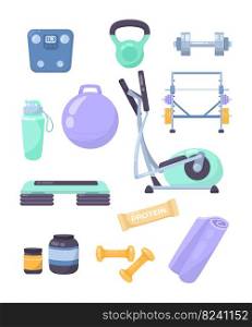 Equipment for gym workout cartoon illustration set. Aerobic ball, dumbbells, kettlebell, tap dance, mat, fitness elastic band, bottle of water, training apparatus for exercising. Sport concept