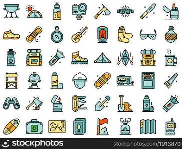 Equipment for hike icons set. Outline set of equipment for hike vector icons thin line color flat isolated on white. Equipment for hike icons set line color vector