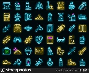 Equipment for hike icons set. Outline set of equipment for hike vector icons neon color on black. Equipment for hike icons set vector neon