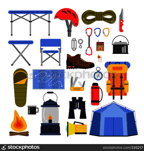 Equipment for hiking and climbing. Camping or travel vector illustrations set. Equipment for travel and adventure outdoor, tent and backpack, flashlight and binoculars. Equipment for hiking and climbing. Camping or travel vector illustrations set