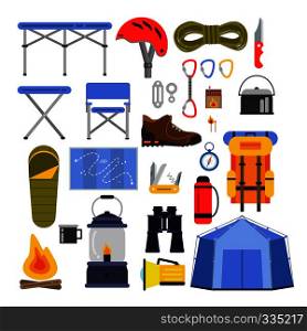 Equipment for hiking and climbing. Camping or travel vector illustrations set. Equipment for travel and adventure outdoor, tent and backpack, flashlight and binoculars. Equipment for hiking and climbing. Camping or travel vector illustrations set