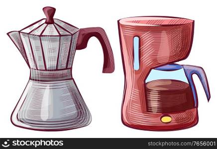 Equipment for making coffee vector, isolated icons of moka pot made of metal. Coffeemaker with glass container jar for hot beverage coffeepot brewing. Moka Pot and Coffee Making Machine Equipments