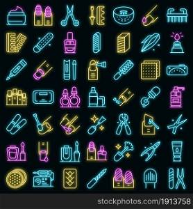 Equipment for manicure icons set. Outline set of equipment for manicure vector icons neon color on black. Equipment for manicure icons set vector neon