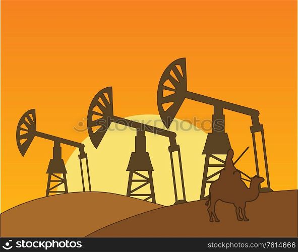 Equipment for mining the oils on background of the deserts on sunrise. Mining to oils in hot desert landscape