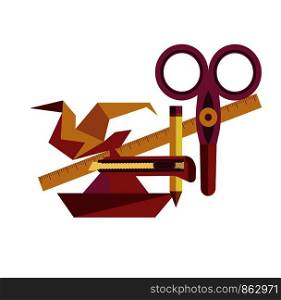 Equipment for origami handicrafts creation as hobby, paper bird and boat, sharp scissors, long ruler, wooden pencil and stationary knife cartoon flat vector illustrations on white background.. Equipment for origami handicrafts creation as interesting hobby