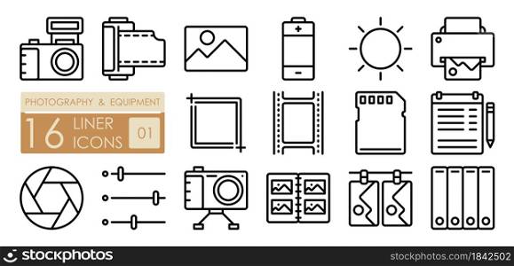 Equipment for photography and film processing. Printing of finished photos. Camera, film, memory card, lens. Set of simple linear icons