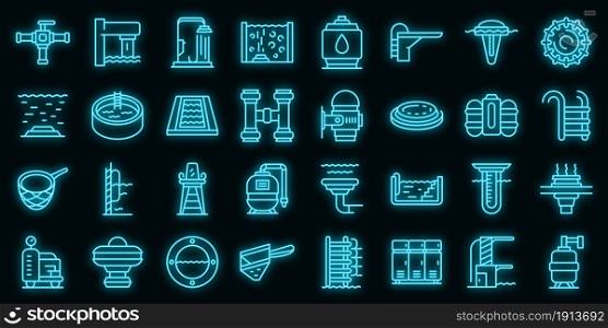 Equipment for pool icons set. Outline set of equipment for pool vector icons neon color on black. Equipment for pool icons set vector neon