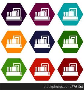 Equipment for production oil icon set many color hexahedron isolated on white vector illustration. Equipment for production oil icon set color hexahedron