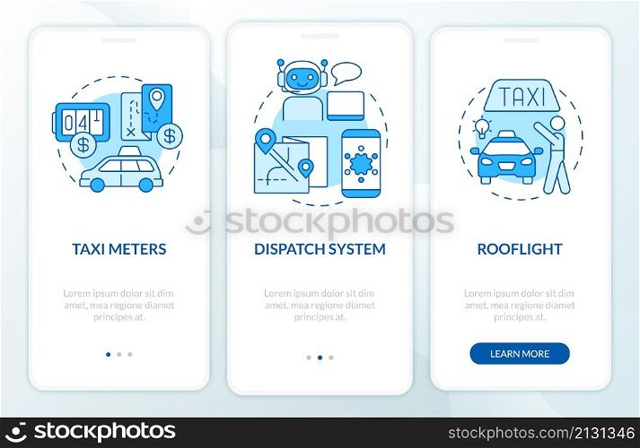 Equipment for taxi business blue and white onboarding mobile app screen. Company walkthrough 3 steps graphic instructions pages with concepts. UI, UX, GUI template. Myriad Pro-Bold, Regular fonts used. Equipment for taxi business blue and white onboarding mobile app screen