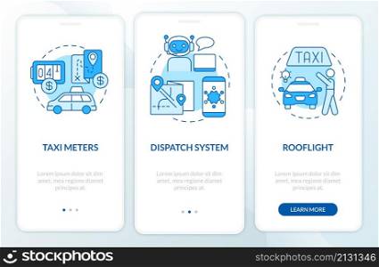Equipment for taxi business blue and white onboarding mobile app screen. Company walkthrough 3 steps graphic instructions pages with concepts. UI, UX, GUI template. Myriad Pro-Bold, Regular fonts used. Equipment for taxi business blue and white onboarding mobile app screen