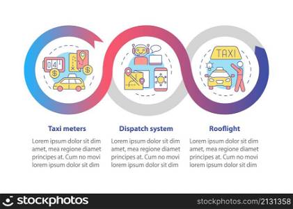 Equipment for taxi business loop infographic template. Car ride. Data visualization with 3 steps. Process timeline info chart. Workflow layout with line icons. Myriad Pro-Bold, Regular fonts used. Equipment for taxi business loop infographic template