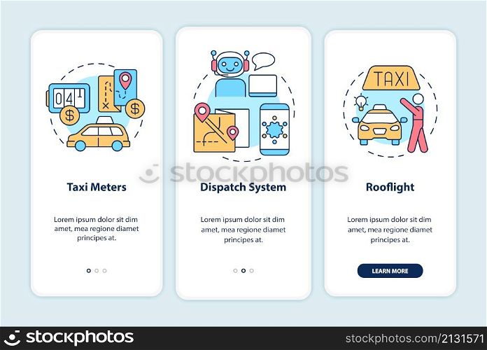 Equipment for taxi business onboarding mobile app screen. Service walkthrough 3 steps graphic instructions pages with linear concepts. UI, UX, GUI template. Myriad Pro-Bold, Regular fonts used. Equipment for taxi business onboarding mobile app screen