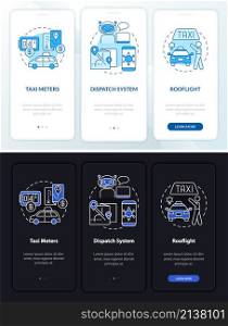 Equipment for taxi day and night theme onboarding mobile app screen. Taxicab walkthrough 3 steps graphic instructions pages with concepts. UI, UX, GUI template. Myriad Pro-Bold, Regular fonts used. Equipment for taxi day and night theme onboarding mobile app screen