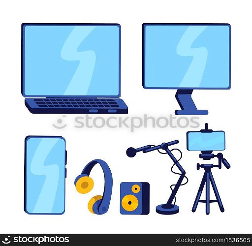 Equipment for vlogger flat color vector object set. Smartphone, computer and mic. Technology setup to record podcast isolated cartoon illustration for web graphic design and animation collection. Equipment for vlogger flat color vector object set
