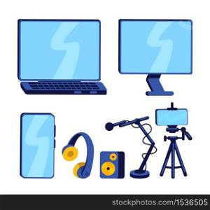 Equipment for vlogger flat color vector object set. Smartphone, computer and mic. Technology setup to record podcast isolated cartoon illustration for web graphic design and animation collection. Equipment for vlogger flat color vector object set
