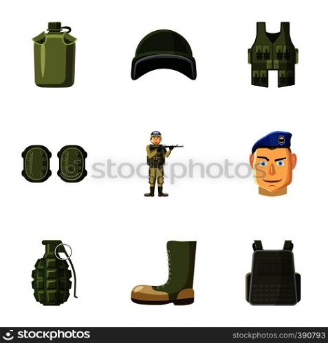 Equipment for war icons set. Cartoon illustration of 9 equipment for war vector icons for web. Equipment for war icons set, cartoon style