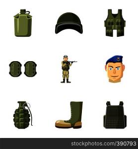 Equipment for war icons set. Cartoon illustration of 9 equipment for war vector icons for web. Equipment for war icons set, cartoon style