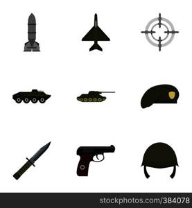 Equipment for war icons set. Flat illustration of 9 equipment for war vector icons for web. Equipment for war icons set, flat style