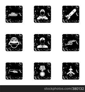 Equipment for war icons set. Grunge illustration of 9 equipment for war vector icons for web. Equipment for war icons set, grunge style
