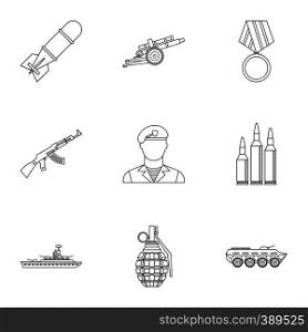 Equipment for war icons set. Outline illustration of 9 equipment for war vector icons for web. Equipment for war icons set, outline style