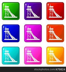 Equipment for washing rocks icons of 9 color set isolated vector illustration. Equipment for washing rocks set 9