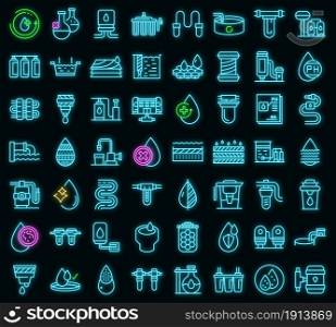 Equipment for water purification icons set. Outline set of equipment for water purification vector icons neon color on black. Equipment for water purification icons set vector neon